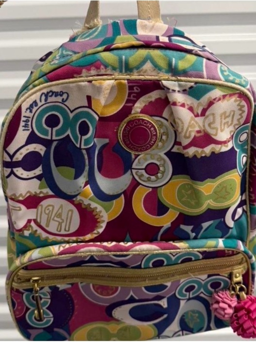 Coach Poppy  Multicolor Logo Print Backpack - Purple, Teal, Yellow, Pink